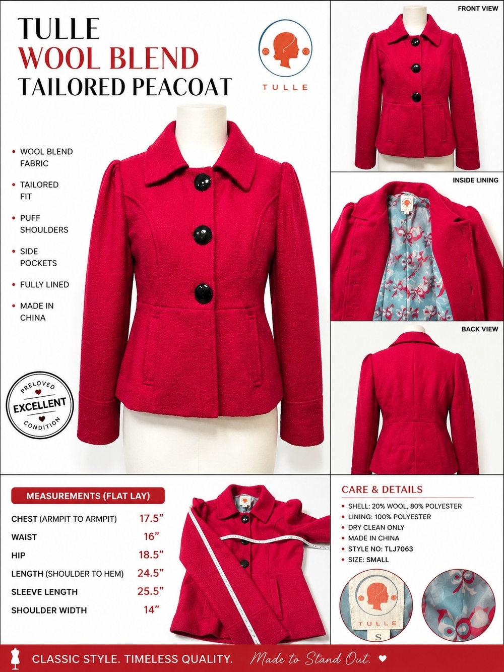 TULLE Women's Red Wool Blend Tailored Peacoat Jacket Size Small | Puff Shoulder